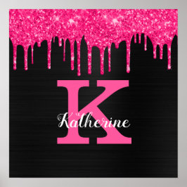 Poster Nome Monograma com Gotejamento de Brilho Rosa Neon