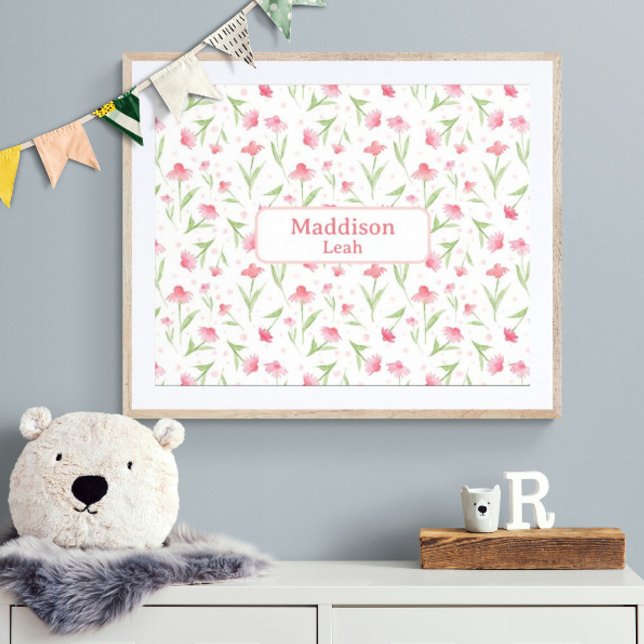 Poster Nome Personalizado Art Watercolor Inverso-Rosa Flo (Customize name! Shown with white mat and wood frame. (you will receive print only) Thank  you!)