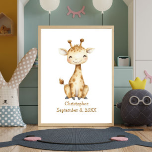 Poster Nome Personalizado Birthday Giraffe Nursery Baby