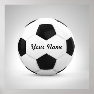 Póster Nome Personalizado da Bola de Futebol Preta e Bran