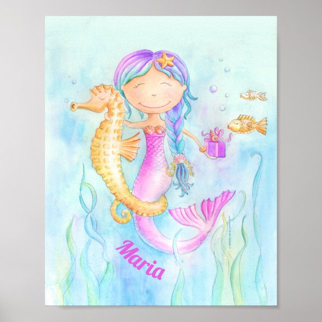 Poster Nome personalizado de arte de aquarela de Mermaid (Frente)