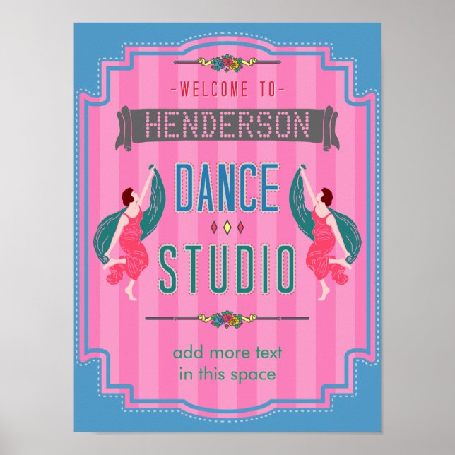 Poster Nome Personalizado do Dance Studio Lista Rosa Retr (Frente)