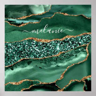 Poster Nome Personalizado do Marble de Geodo Glitter Verd
