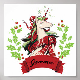 Poster Nome Personalizado do Unicorn de Natal Bonito