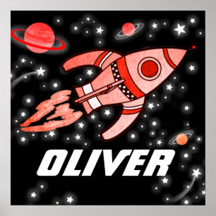 Póster Nome personalizado espaço para foguetes rapazes po