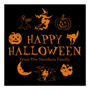 Póster Nome personalizado Feliz Halloween - laranja preto