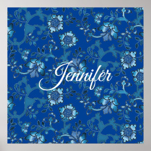 Poster Nome Personalizado Floral Azul Elegante para Calig