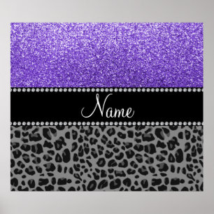 Póster Nome personalizado leopardo preto brilhante roxo