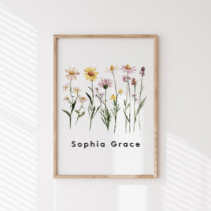 Póster Nome Personalizado Minimalista de Flores Selvagens