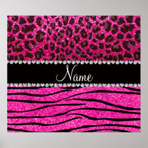 Póster Nome personalizado neon hot pink zebra stripes leo