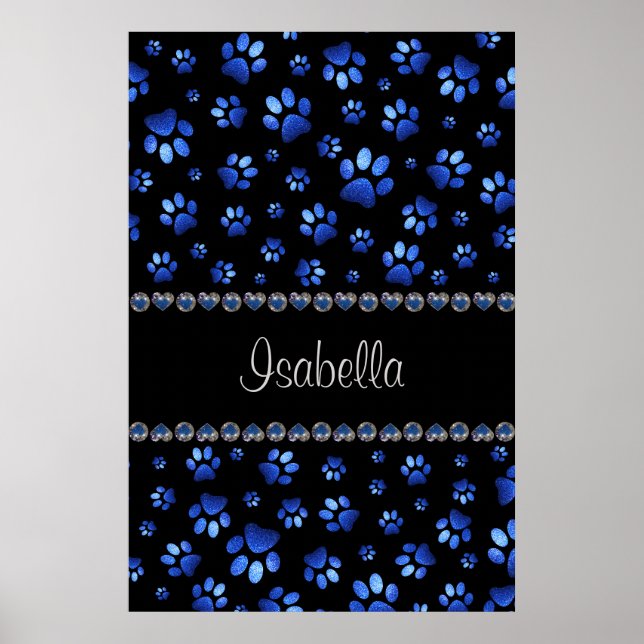 Poster Nome personalizado, patas de cachorro brilho azul (Frente)