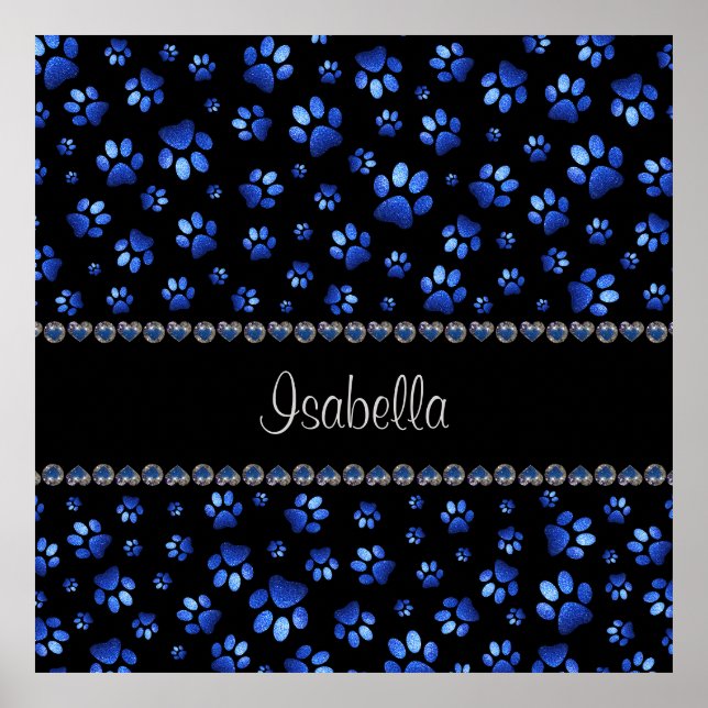 Poster Nome personalizado, patas de cão com brilho azul (Frente)