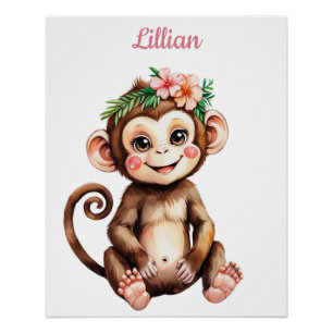 Póster Nome Personalizado Safari Girl Nursery Baby Monkey
