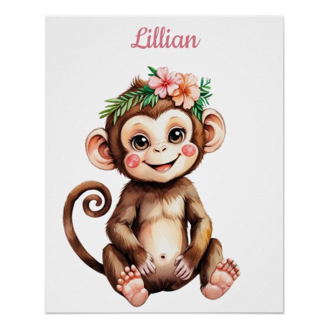 Póster Nome Personalizado Safari Girl Nursery Baby Monkey (Frente)