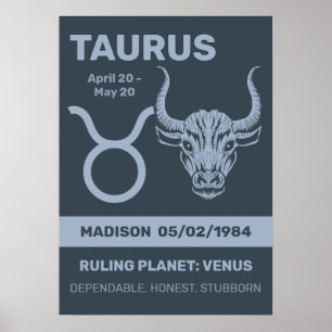 Poster Nome Personalizado / Sinal de Zodíaco Texto Taurus