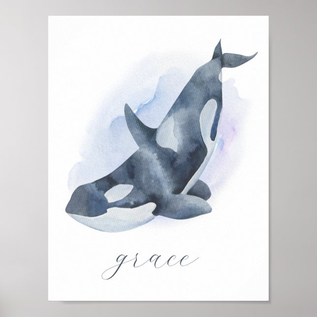 Poster Nome Texto Baleia Orca Azul Branco Aquarela (Frente)