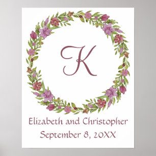 Poster Nomes Data Casamento Monograma Floral Rosa Roxo