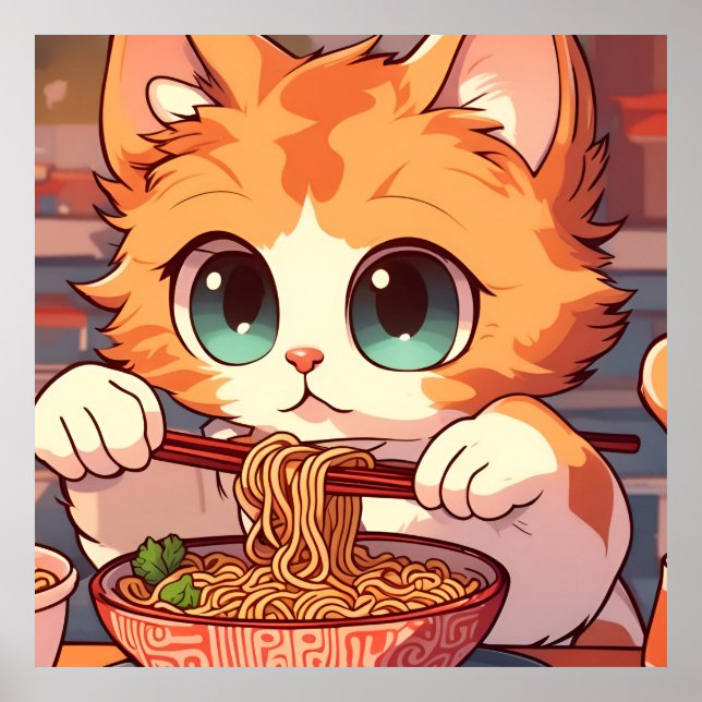 Poster Noodles De Ramen Comendo Gato-De-Corte (Frente)