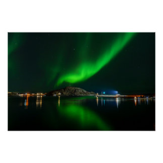Póster Noorderlicht over fjord op de Lofoten Noorwegen