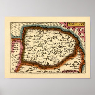 Poster Norfolk "Norfolcke" County England Antigo Mapa do