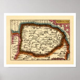 Poster Norfolk "Norfolcke" County England Antigo Mapa do