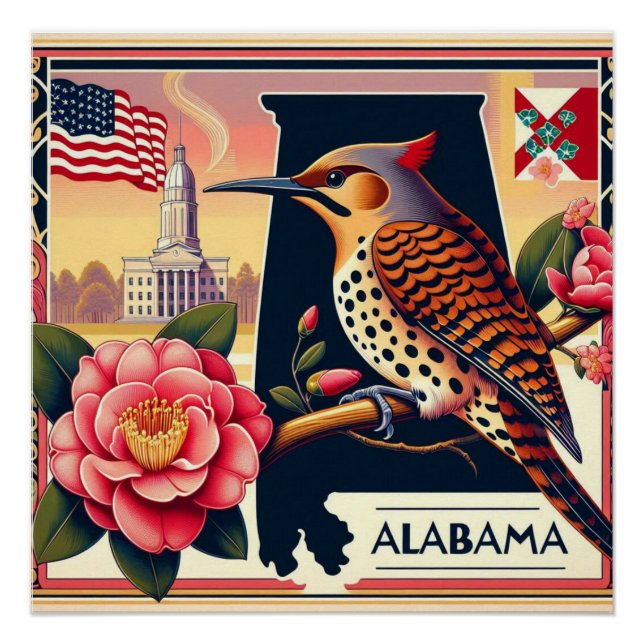 Póster Norte do Alabama Flicker Bird & Camellia Flower (Frente)