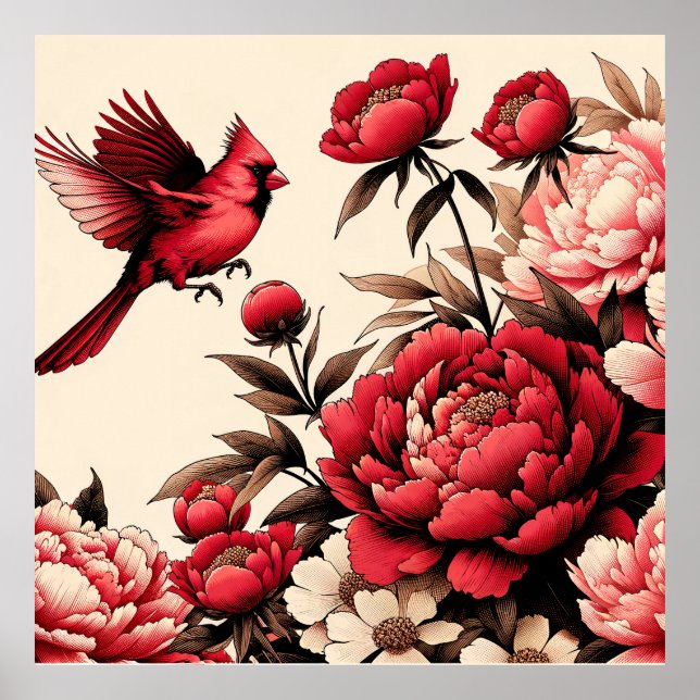 Poster Norte Red Cardinal Peonies Peonies Flor de Pedras (Frente)