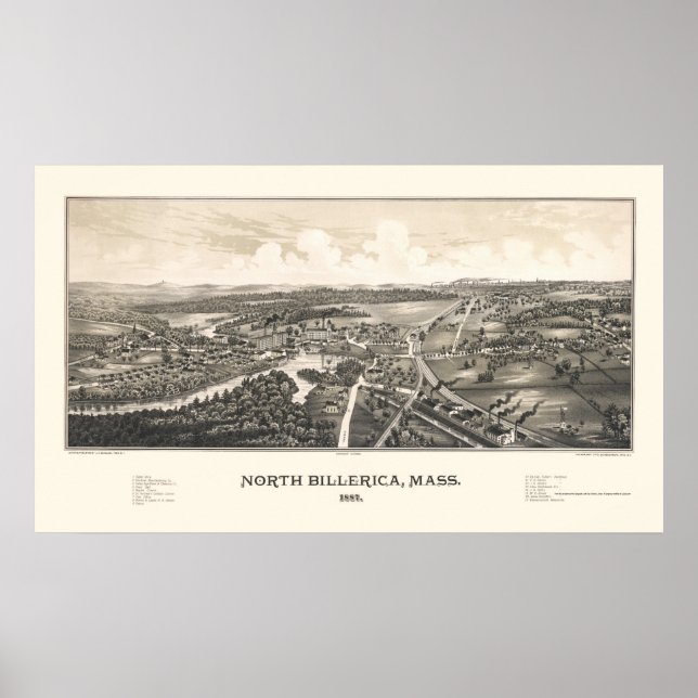 Poster North Billerica, Mapa Panorâmico MÃE - 1887 (Frente)