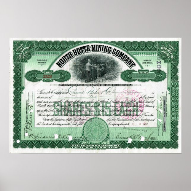 Poster North Button Mining Company Stock Certificate Post (Frente)