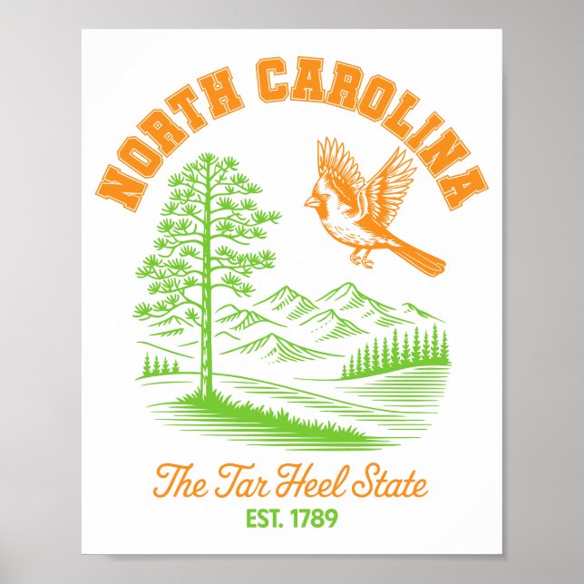 Poster North Carolina Tar Heel State Cardinal Pine Tree  (Frente)