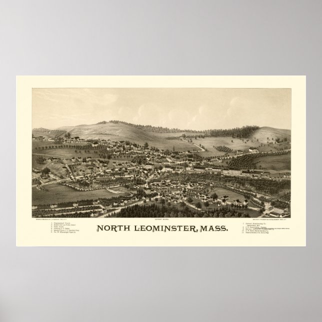Poster North Leominster, Mapa Panorâmico do MÃE - 1887 (Frente)