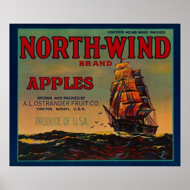 Poster North Wind Apple Crate LabelYakima, WA (Frente)