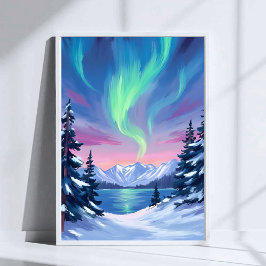 Poster Northern Lights | Mountains Winter Watercolor