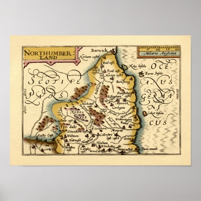 Poster Northumberland County England Antigo Mapa Antiquár (Frente)