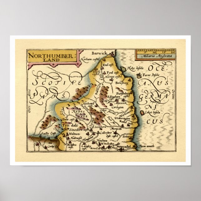 Poster Northumberland County Map, Inglaterra (Frente)