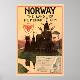 Poster Noruega a Terra do Sol da Meia-Noite Viagem Vintag