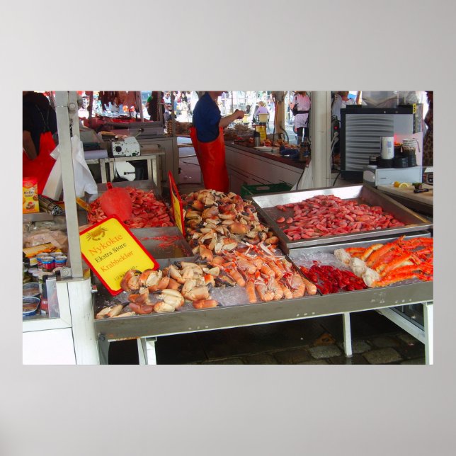 Poster Noruega, Bergen, Mercado dos peixes na frente de á (Frente)