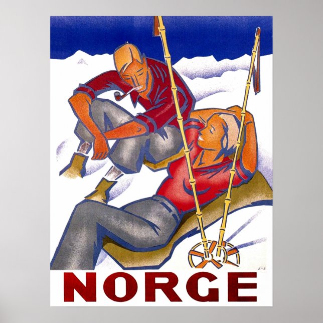 Poster Noruega, casal nas férias de inverno, esqui, colhe (Frente)