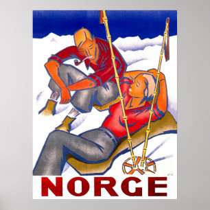 Poster Noruega, casal no feriado de inverno, esqui,