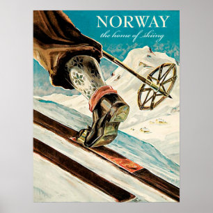 Poster Noruega, pé de um esquiador, viagens vintage