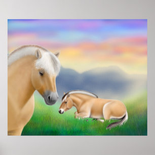 Poster Norwegian Fjord Horses at Dawn Print