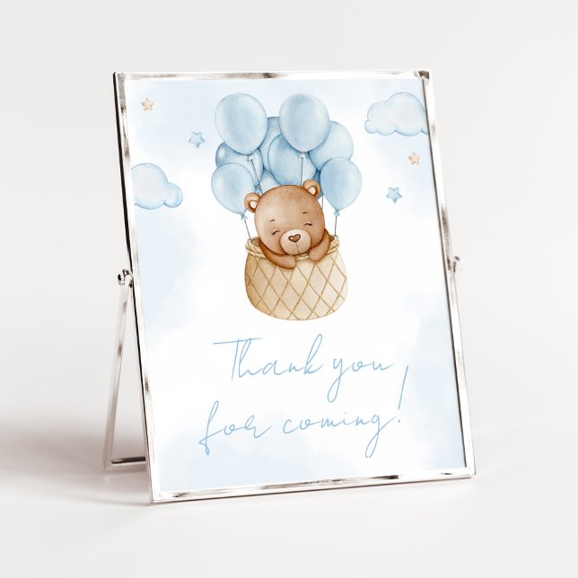 Poster Nós podemos esperar ar quente Obrigado por vir (Blue Teddy Baby Bear Baby Shower Thank you for Coming Sign)