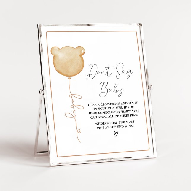 Poster Nós podemos esperar o Balão Castanho Não diga amor (Gender Neutral Minimalist Bear Baby Shower Don't Say Baby Sign)