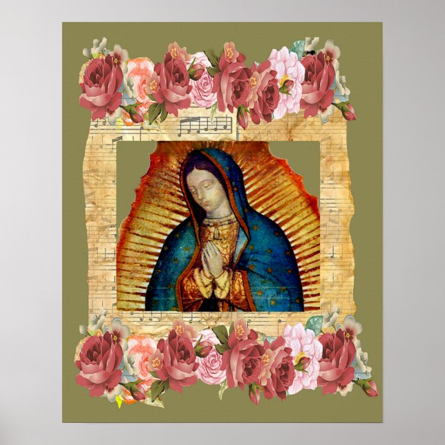 Poster Nossa Senhora de Guadalupe Virgem Maria e Rosas (Frente)
