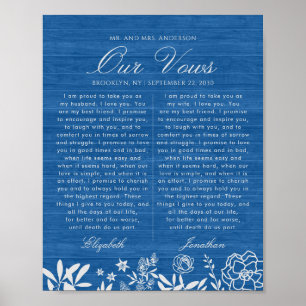 Poster Nosso Casamento Vows Marinho Blue Floral Wood Aniv