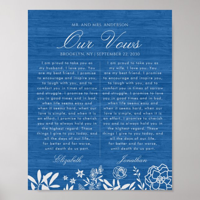 Poster Nosso Casamento Vows Marinho Blue Floral Wood Aniv (Frente)