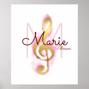 Poster nota musical (clave de ouro), monograma feminino