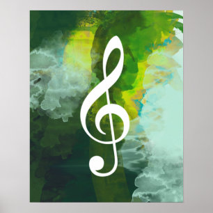 Póster nota musical, treble clef, green watercolor