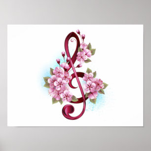 Poster Notas de clave de trecho musical com flores de Sak