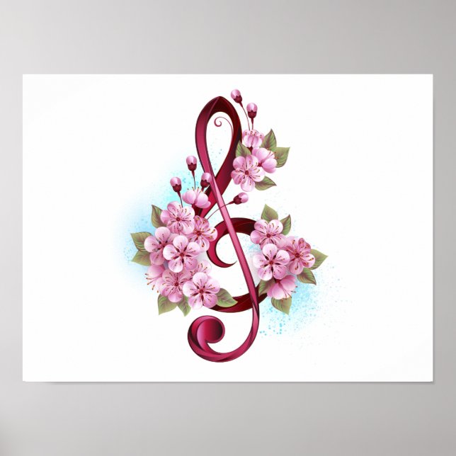 Poster Notas de clave de trecho musical com flores de Sak (Frente)